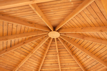 Under brown wooden roof inside closeup