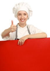 Chef woman holding a blank board and showing ok