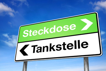 Wegweiser mit Steckdose und Tankstelle