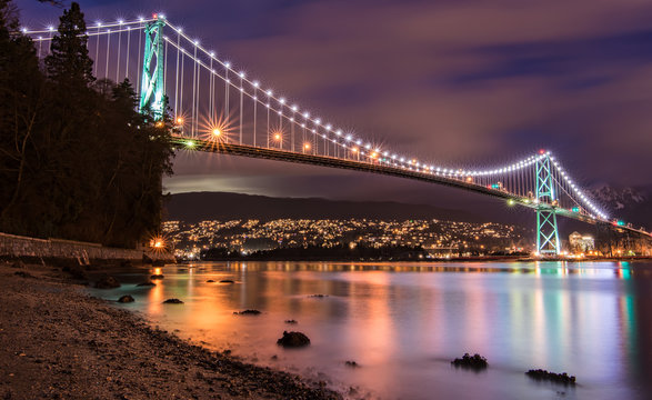 Lions Gate Bridge In Vancouver At Night