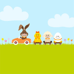 Bunny Car Pulling Duck, Sheep & Egg