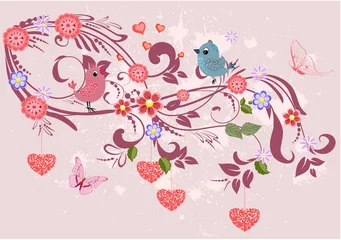 Papier Peint photo Lavable Oiseaux en cages Ornement floral avec des coeurs pour votre conception
