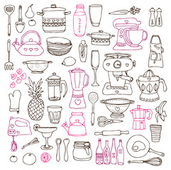 Kitchen food cooking illustrations drawings in vector