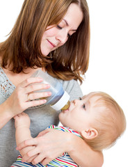 mother feeding from bottle her adorable baby