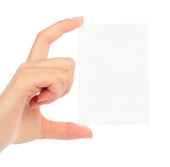 Obraz premium Businesswoman's hand holding blank paper business card