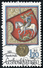 stamp shows coat of arms of a Vysoke Myto with St George