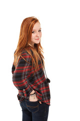 portrait girl with long red hair on white background