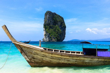 Long tail boats and Tropical paradise island, Andaman Sea, 