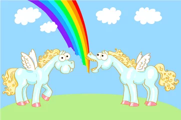 Selbstklebende Fototapete Pony Zwei Cartoonpferde mit Flügeln und einem Regenbogen