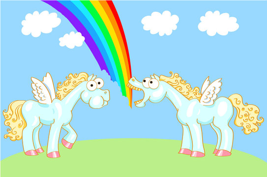 Two cartoon horse with wings and a rainbow