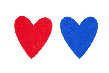Red and blue hearts on white background