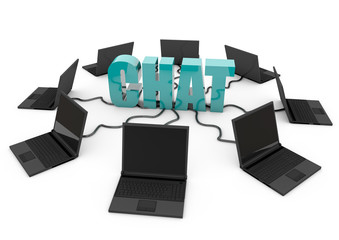 Chat in the Internet with laptop computer - turquoise -