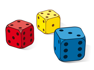 Three colourful dice