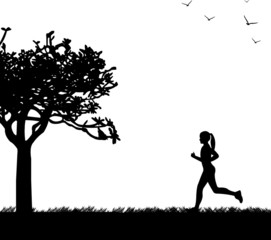 Girl running in park in spring silhouette layered
