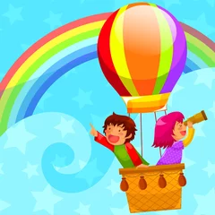 Door stickers Rainbow kids flying in a hot air balloon