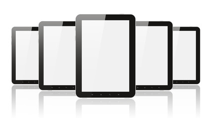 Many digital tablet pc on white background.