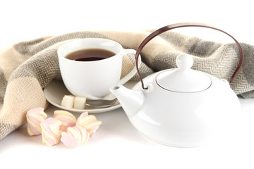 cup of tea with scarf isolated on white