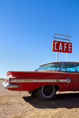 Cafe Sign and Old Car on Route 66