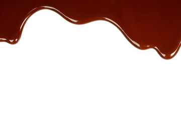 Melted chocolate dripping on white background .