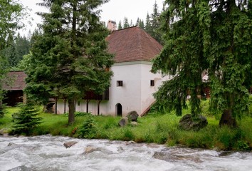 Fototapeta na wymiar Zabytkowy dom w naturze z lasu i rzeki na Słowacji