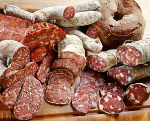 Assortment of different sliced salamis