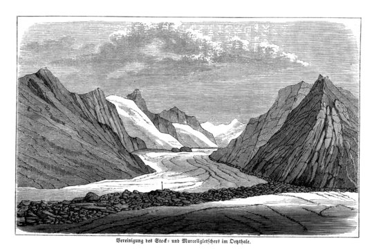 Zusammenfluss zweier Gletscher - Alte Lithographie