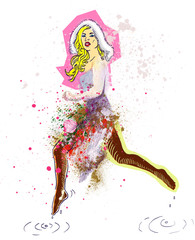 Vintage theme: Jumping bunny girl. Hand drawing