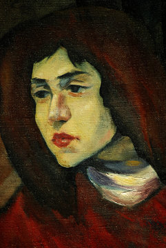 old portrait of the young girl in night park, painting by oil on