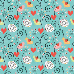 Romantic seamless pattern. Birds, flowers and hearts
