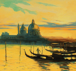 gondolas on landing stage in venice, painting by oil paints , il