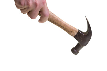 Carpenter swinging a hammer on white