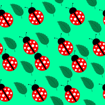Seamless background with leaves and ladybug