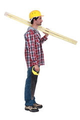 Carpenter with two planks of wood and a hand-saw