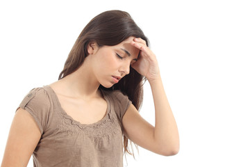 Woman with a headache and her hand in forehead