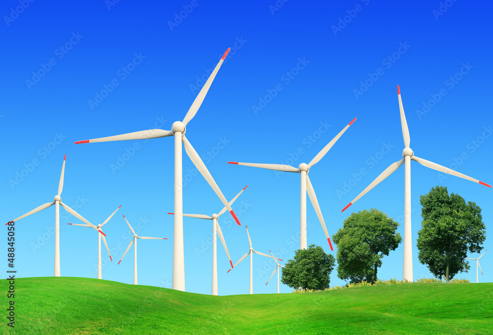 Wall mural wind turbines in summer landscape