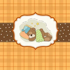 Photo sur Plexiglas Ours carte de douche de bébé avec ours en peluche endormi,