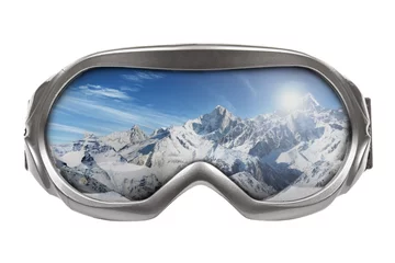 Poster Im Rahmen ski goggles with reflection of mountains isolated on white © ronstik