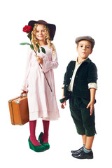 little girl and boy fashion in retro style ready to travel