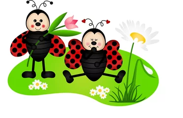Poster Twee schattige lieveheersbeestjes in de tuin © soniagoncalves