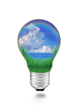 blue water with blue sky white clouds in light bulb