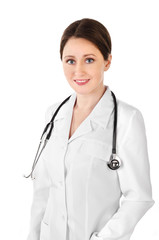 Fototapeta premium Smiling young doctor woman with a stethoscope isolated