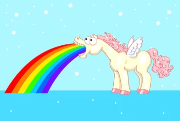Fotobehang Pony pony met vleugels en een regenboog