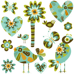 retro style elements;  flowers, butterflies, birds