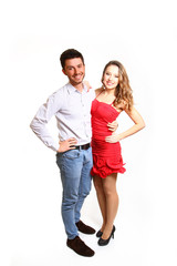 Smiling boy and girl hugging isolated on white background