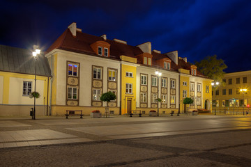 Old historic houses at night in Bialystok, Poland.