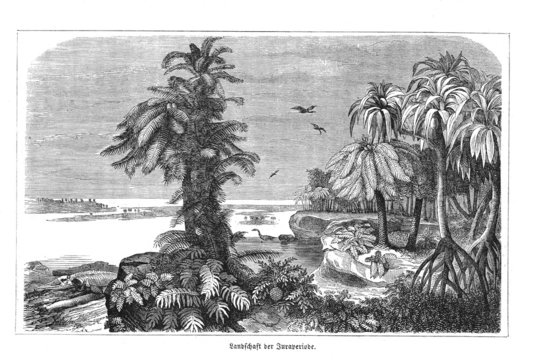 Urweltliche Küstenszene mit Dinosauriern (Alte Lithographie)