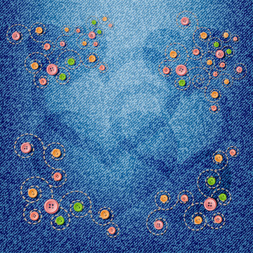 Jeans background with heart silhouette and colorful buttons