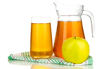 Full glass and jug of apple juice and apples isolted on white