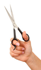 Female hand with scissors isolated on white