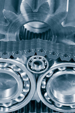 ball-bearings and timing chain, duplex blue toning concept